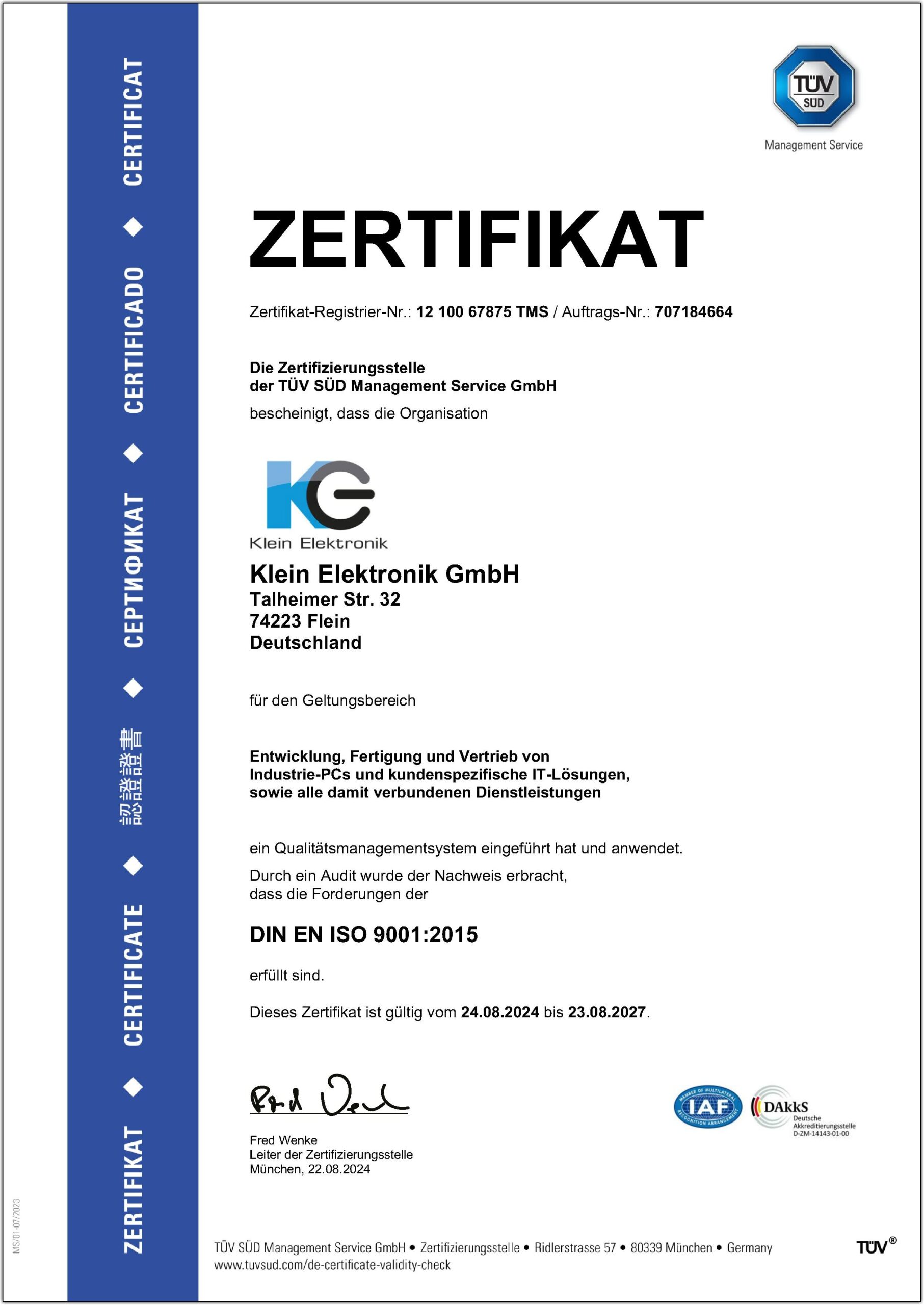 ISO Zertifikat 9001:2015 GTUEZ Klein Elektronik GmbH 2021 Deutsch