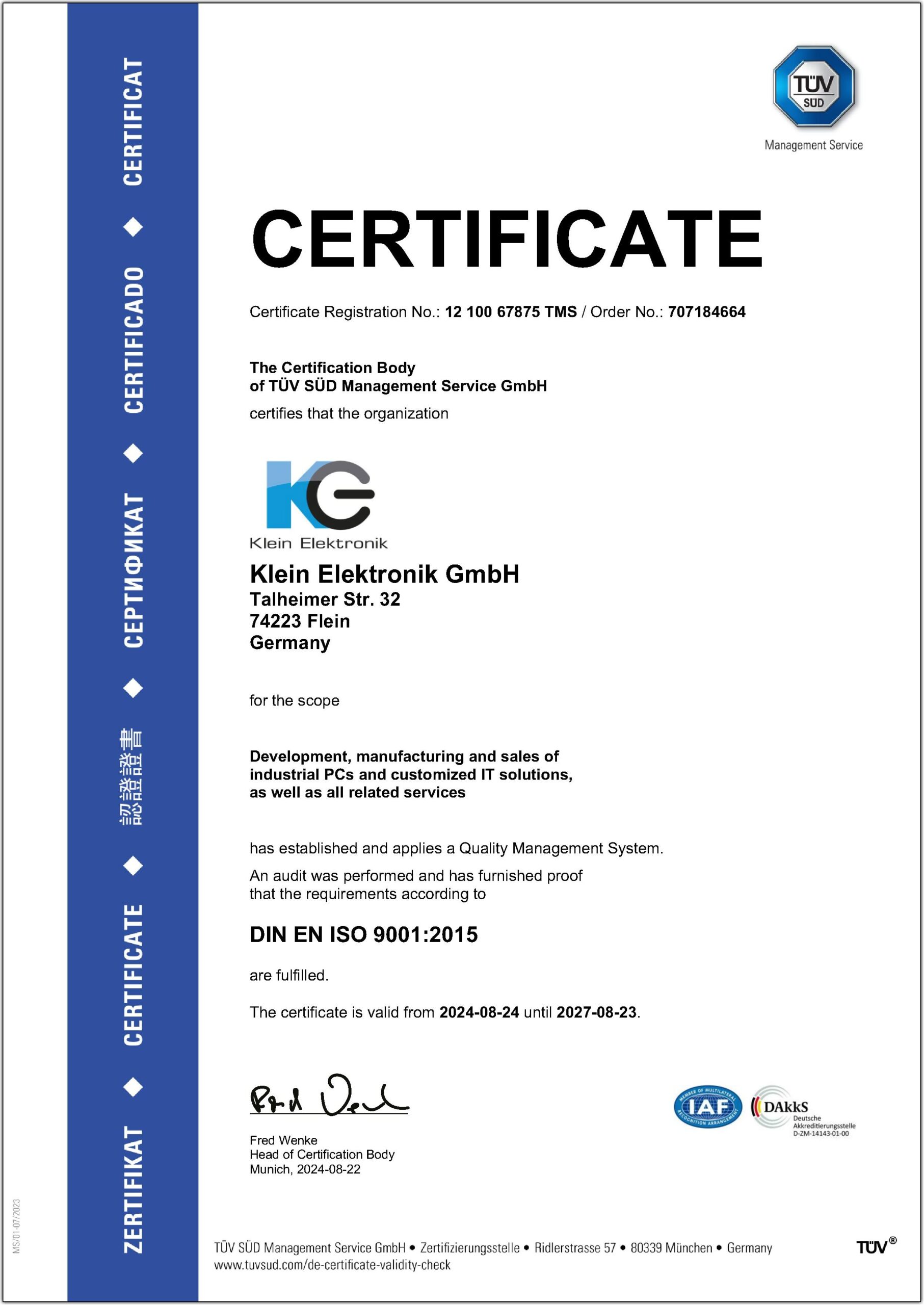 ISO Certificate 9001:2015 GTUEZ Klein Elektronik GmbH 2021 English